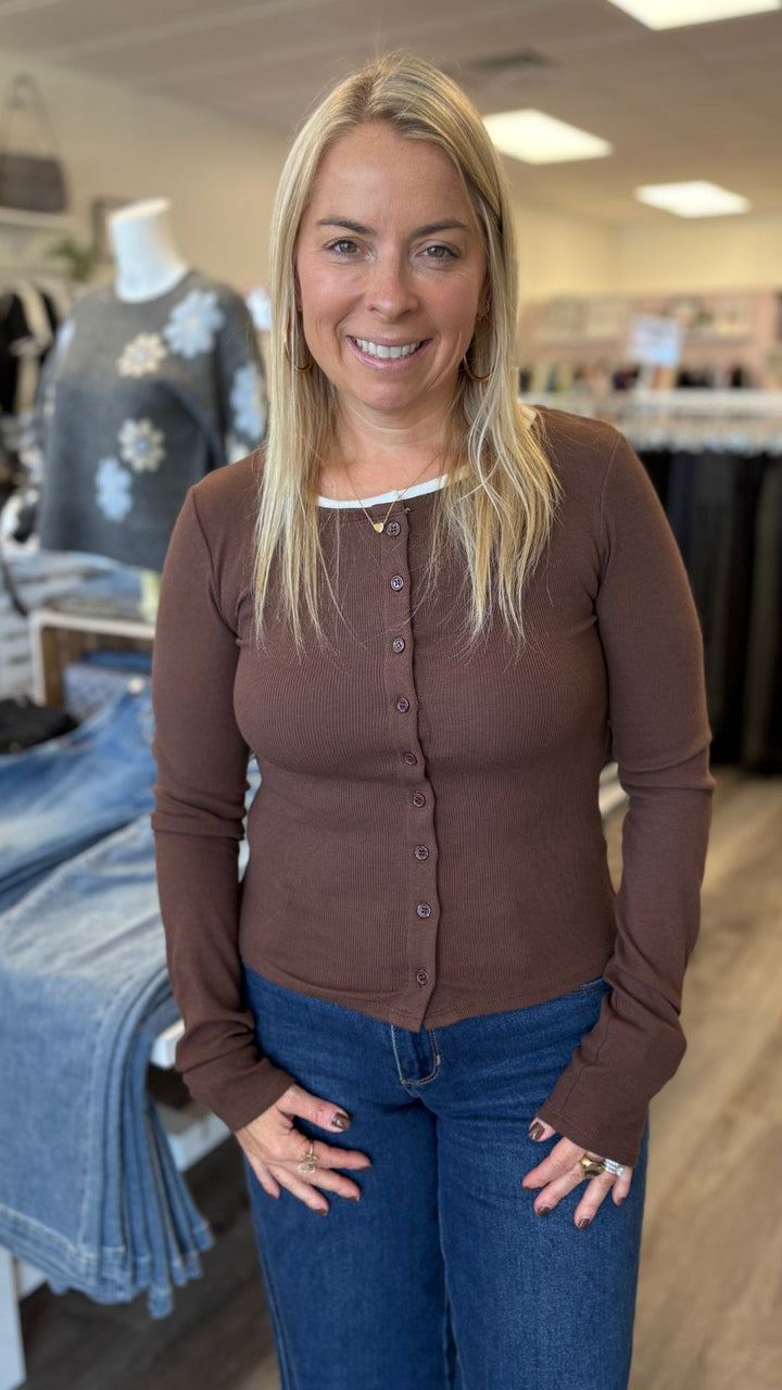 Brown And White Buttoned Top