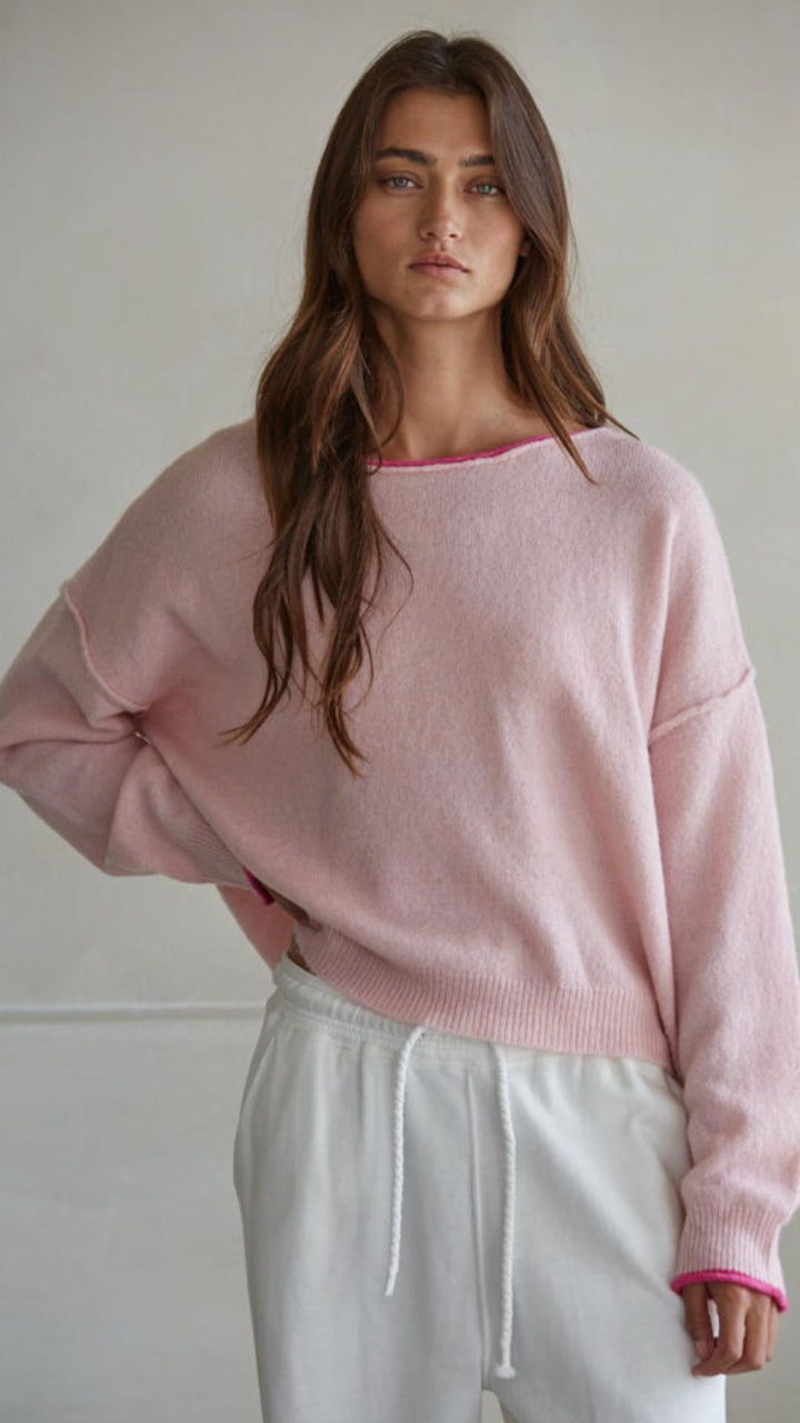 Light Pink Pullover Sweater With Dark Pink Trim