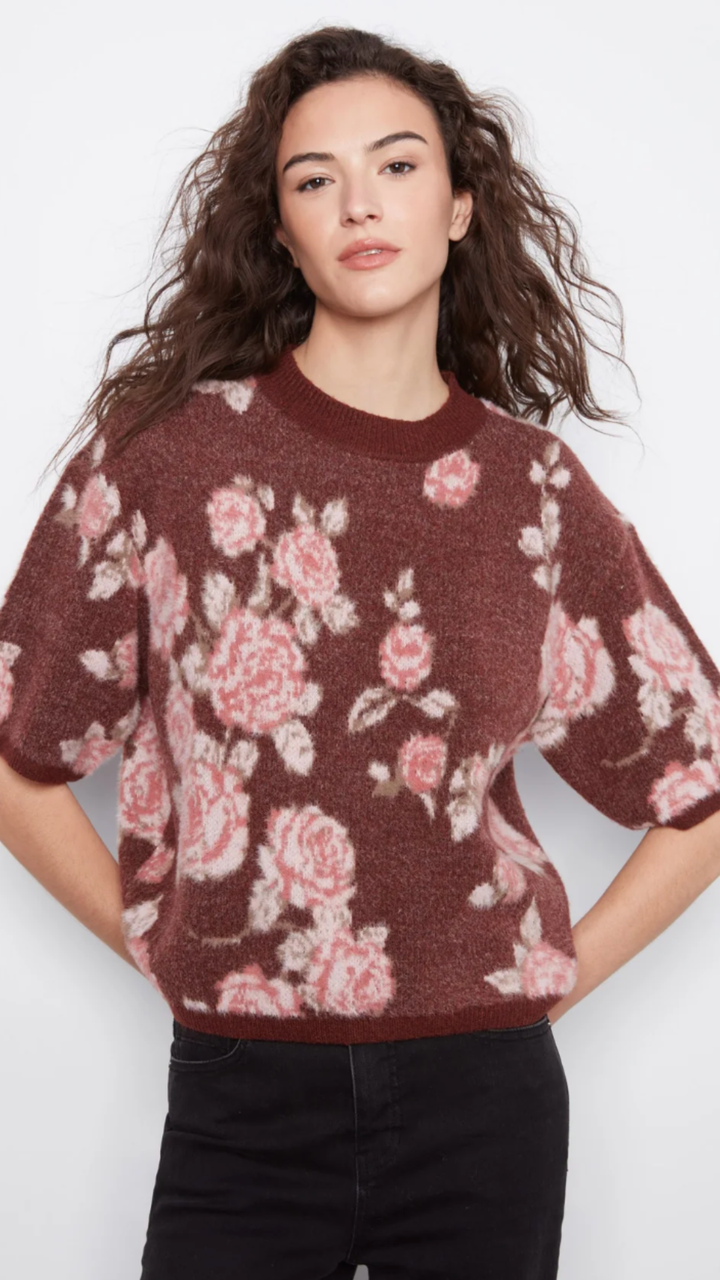 Balloon Elbow Sleeve Floral Jacquard Knit Sweater