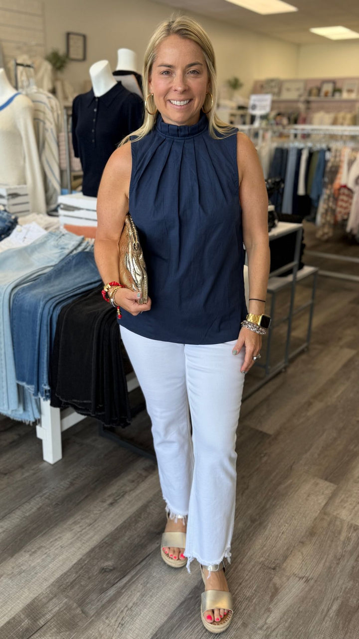 Pleated Mock Neck Linen Sleeveless Top