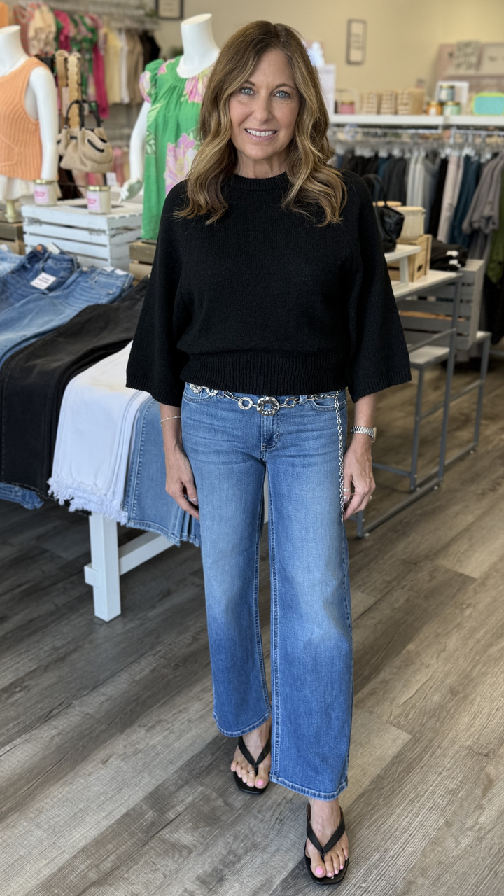 Mid Rise Medium Wash Slim Wide Leg Jeans