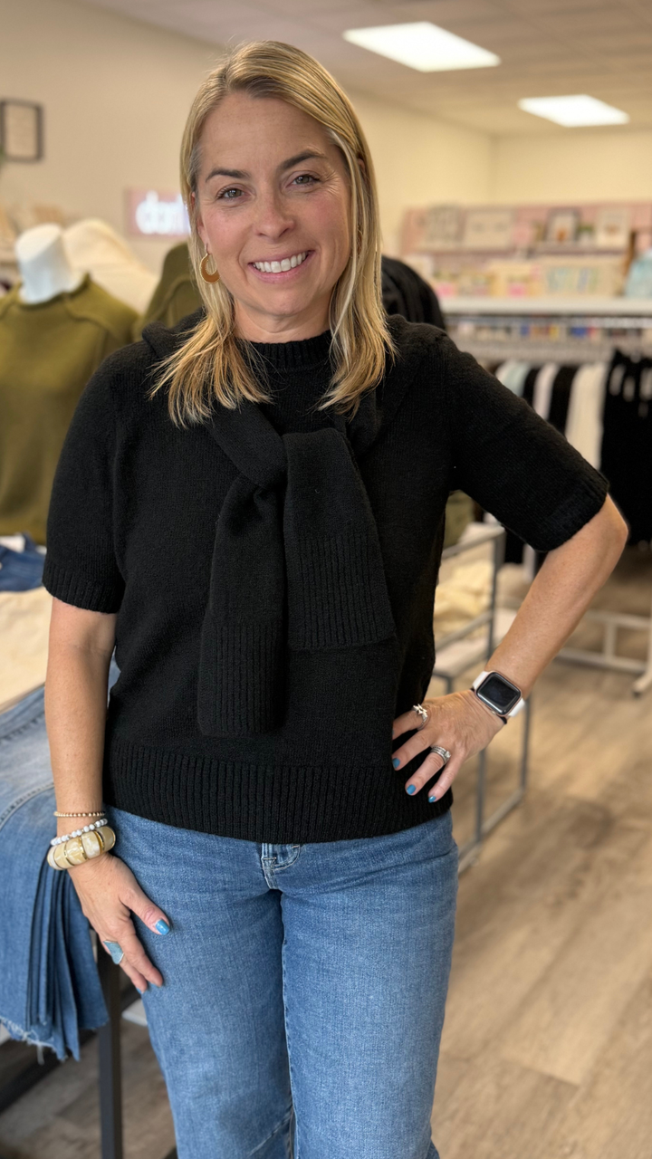 Black Short Sleeve Sweater With Faux Scarf Detail