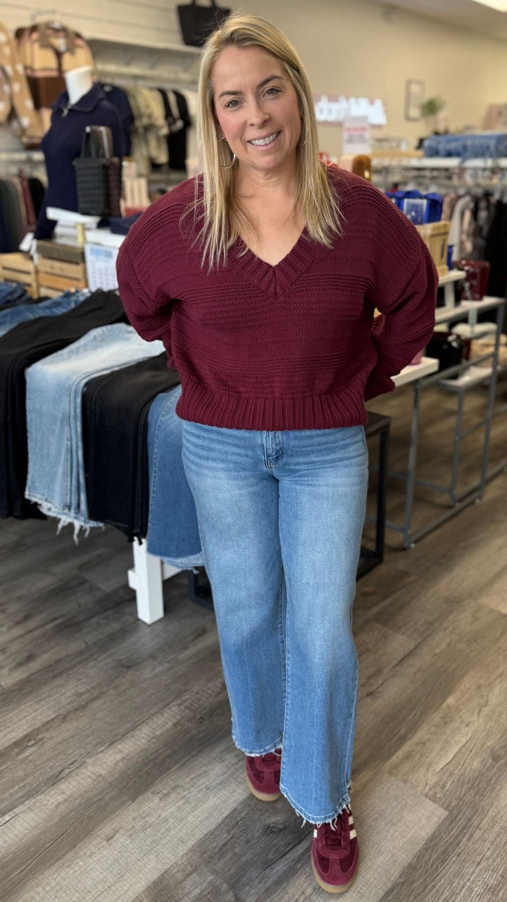 High Rise Medium Wash Side Panel Stem Hem Wide Leg Jeans