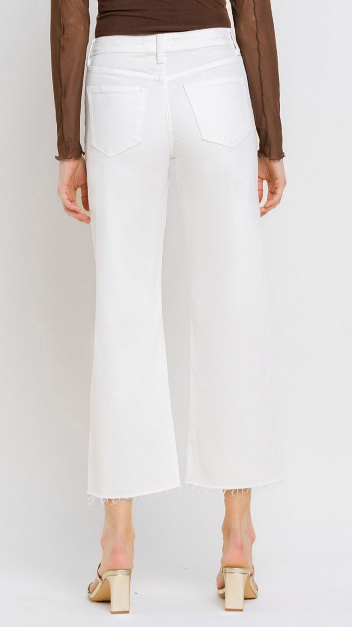 High Rise White Raw Hem Wide Leg Jeans