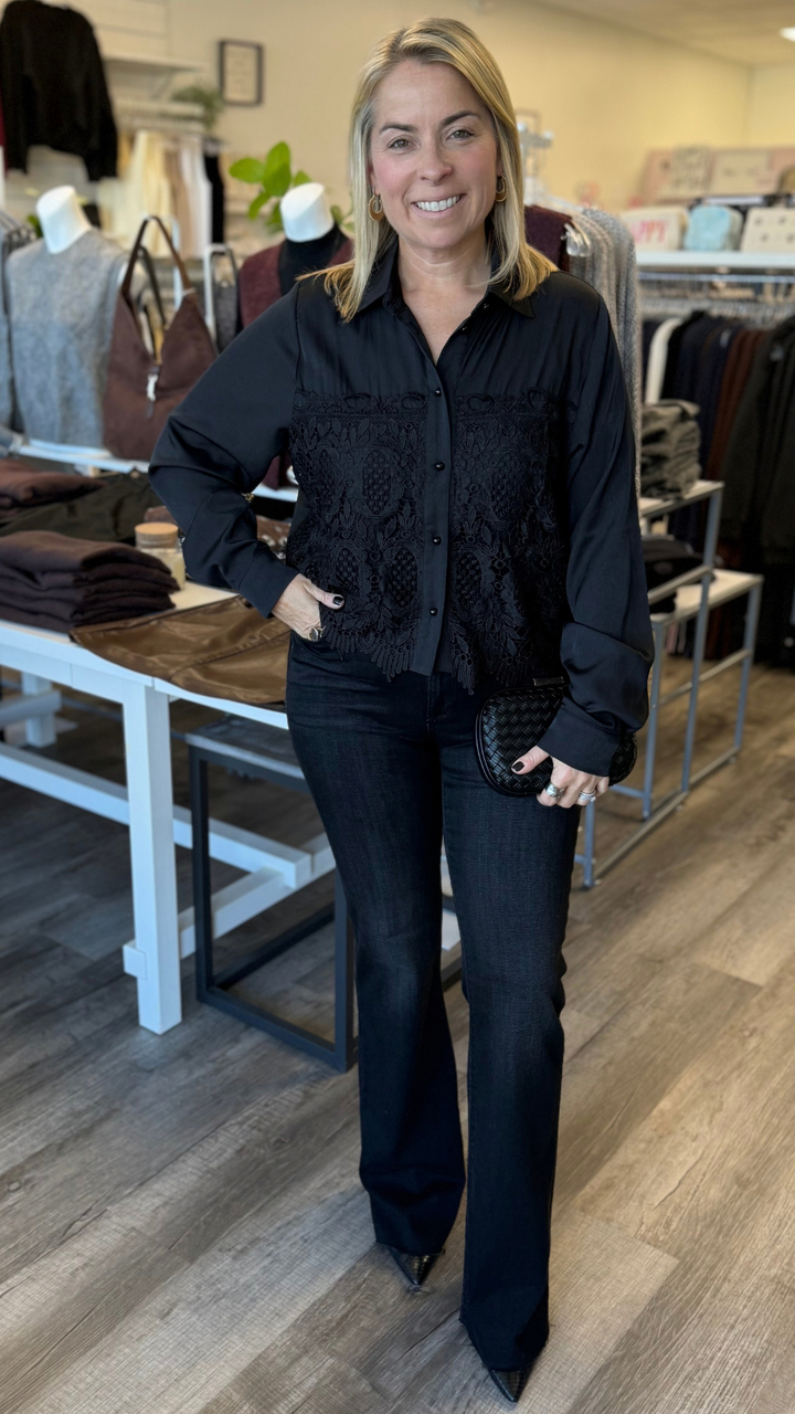 Black Lace Detail Long Sleeve Top