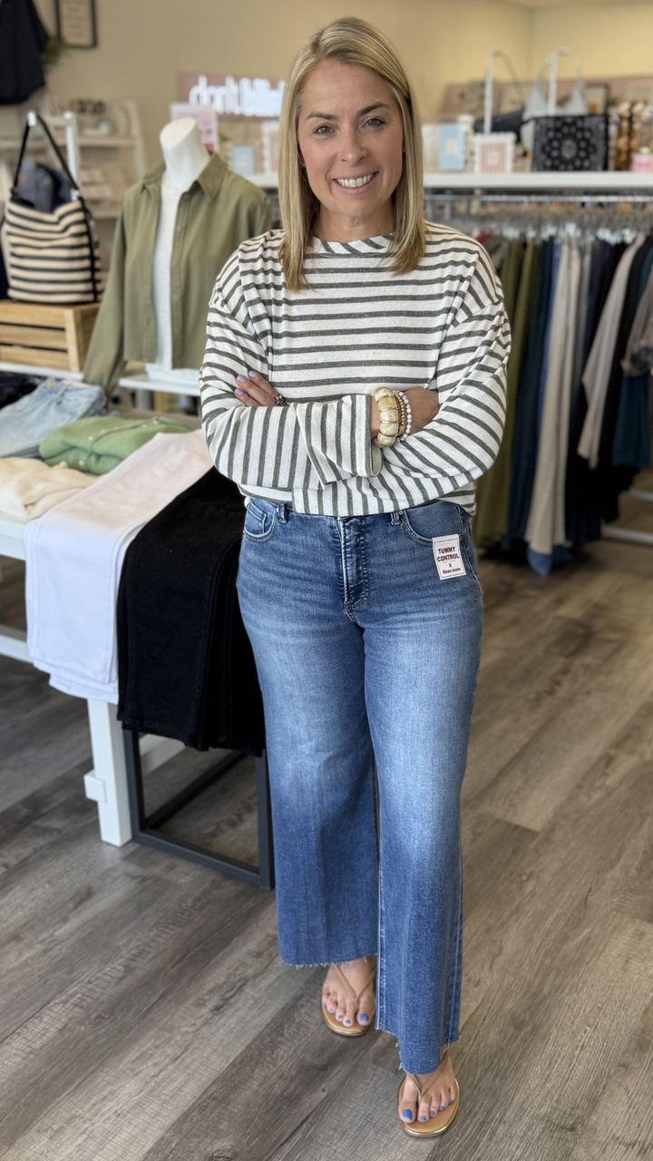 High Rise Tummy Control Medium Wash Crop Wide Creased Seam Jeans