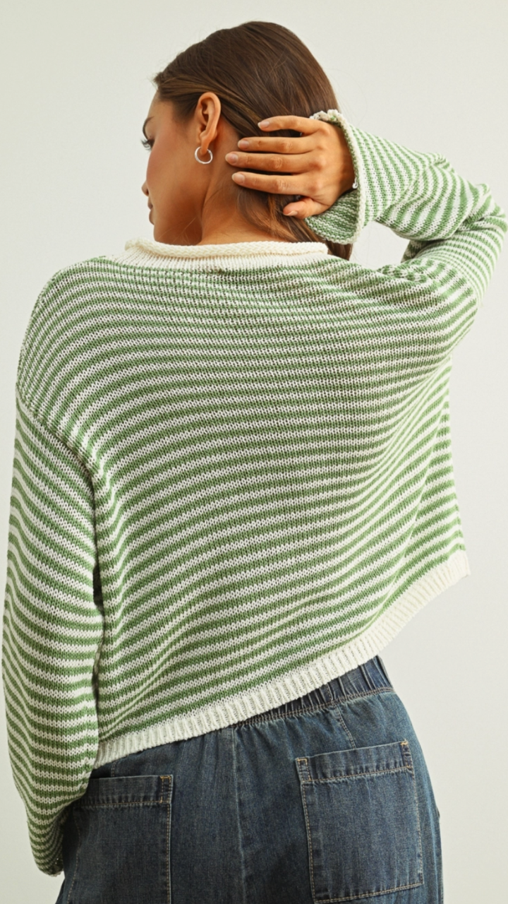 Matcha And White Button Front Knit Cardigan