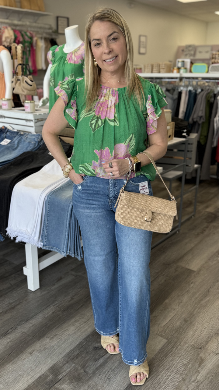 Floral Print Flutter Sleeve Blouse