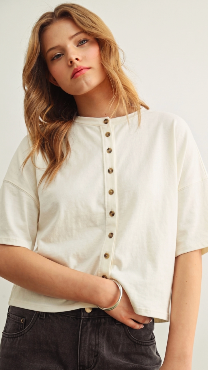 White Button Down Round Neck Half Sleeve Top