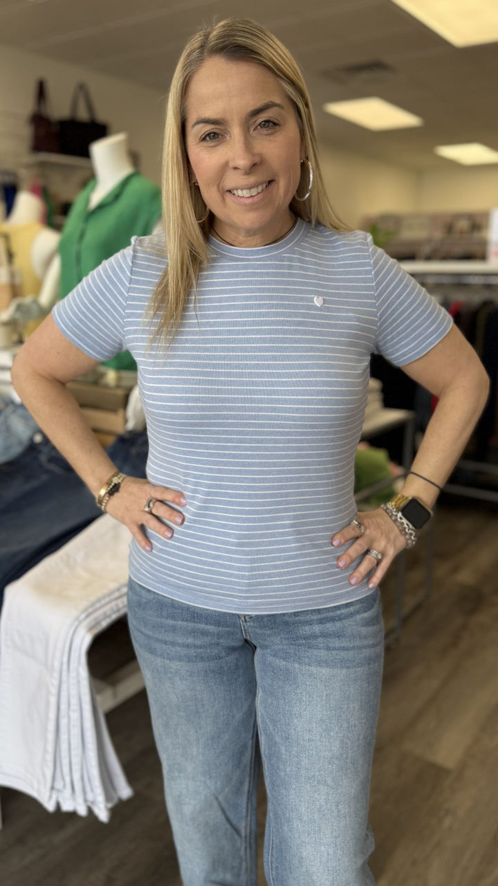 Blue Stripe Heart Embroidered Tee