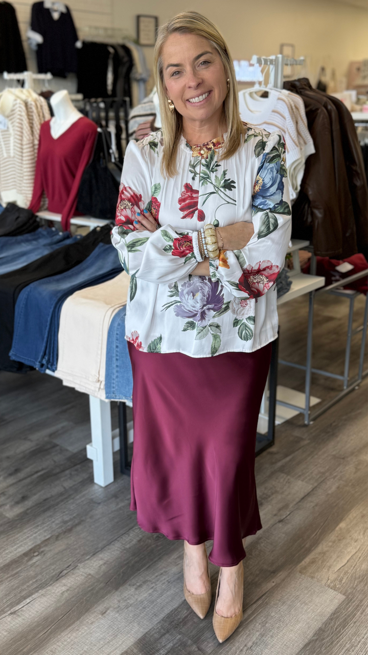 Burgundy Silk Midi Skirt