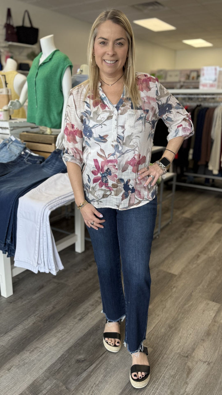 Multi Color Floral Roll Up Sleeve Cotton Gauze Top