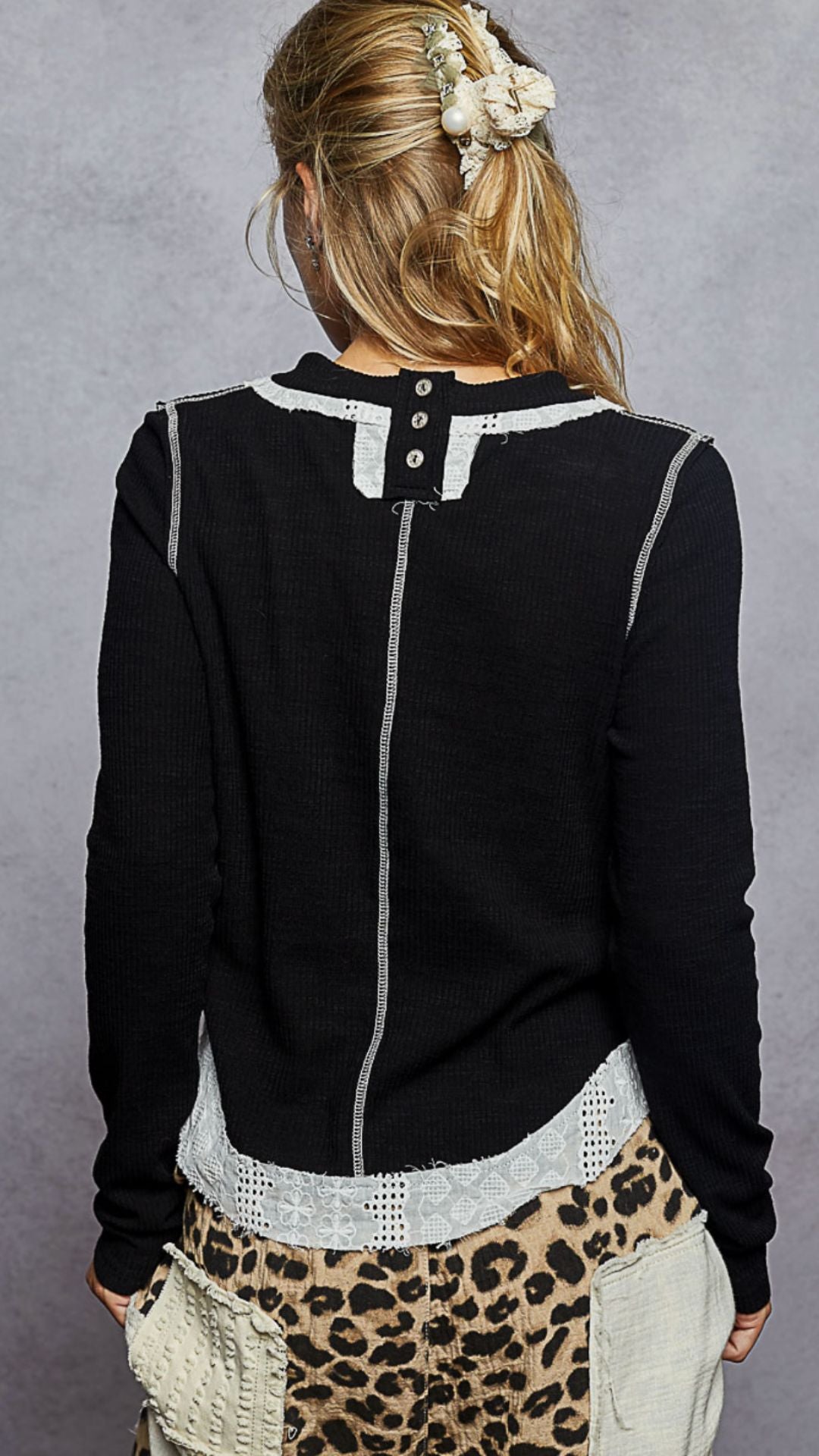 Black Raw Edge Eyelet Patch Ribbed Knit Top