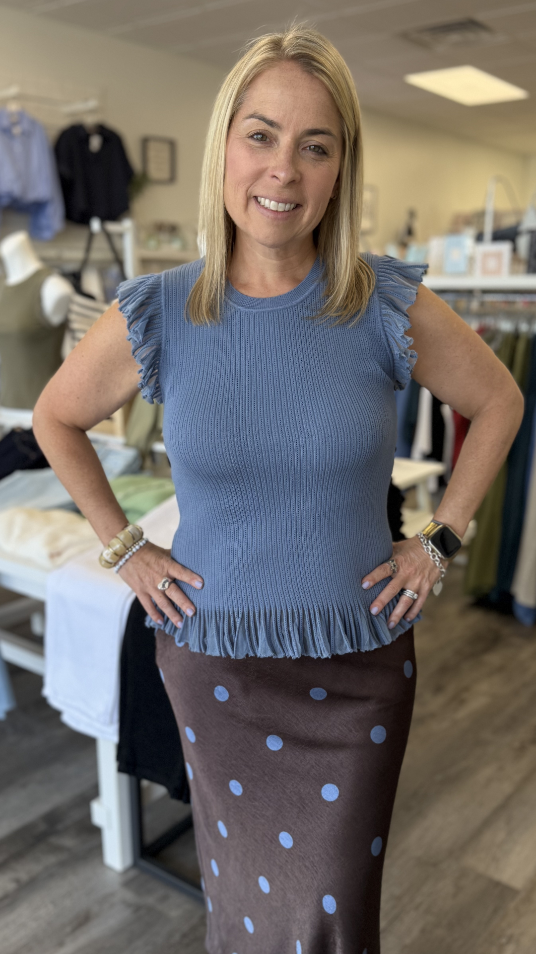 Dusty Blue Ruffle Sleeve Ribbed Tank