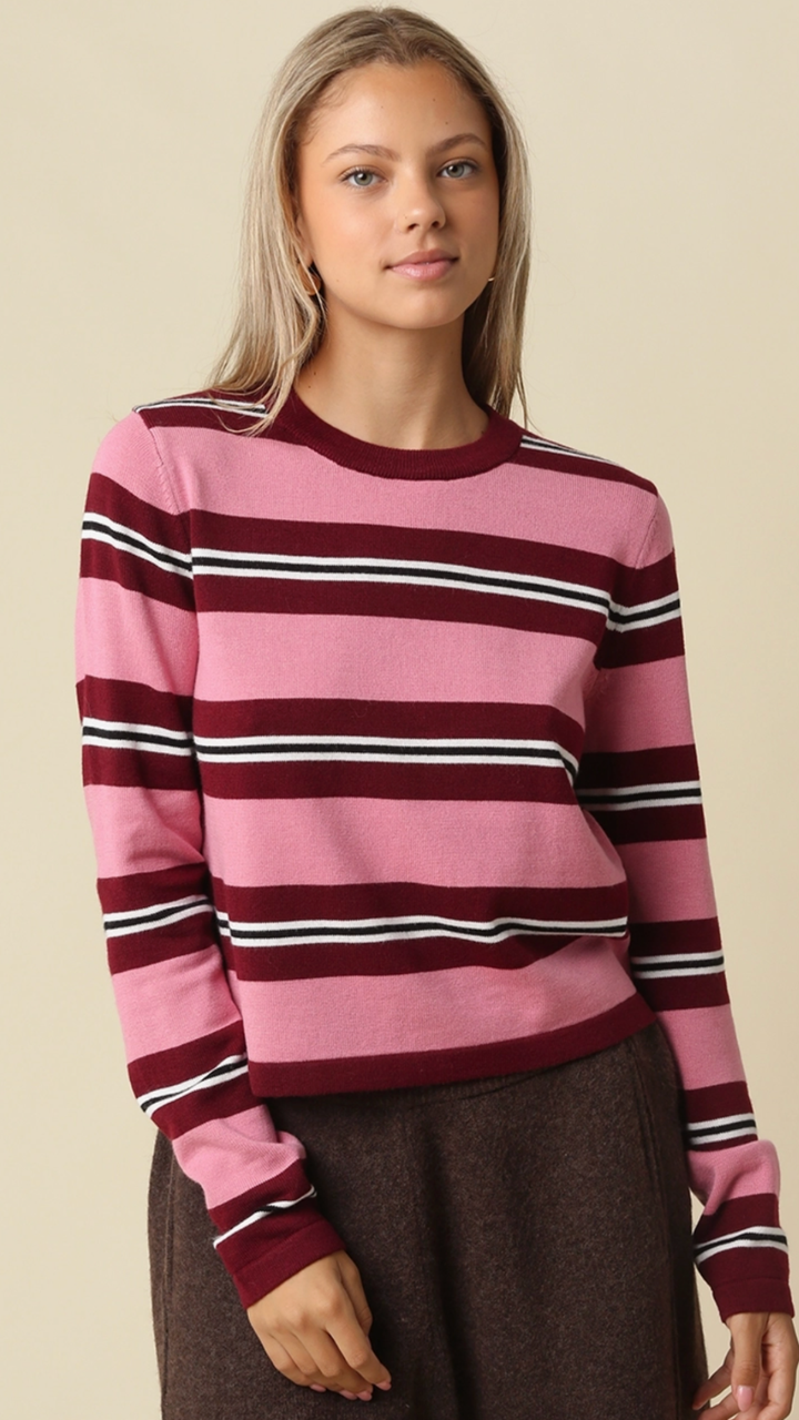 Burgundy And Rose Stripe Knit Top