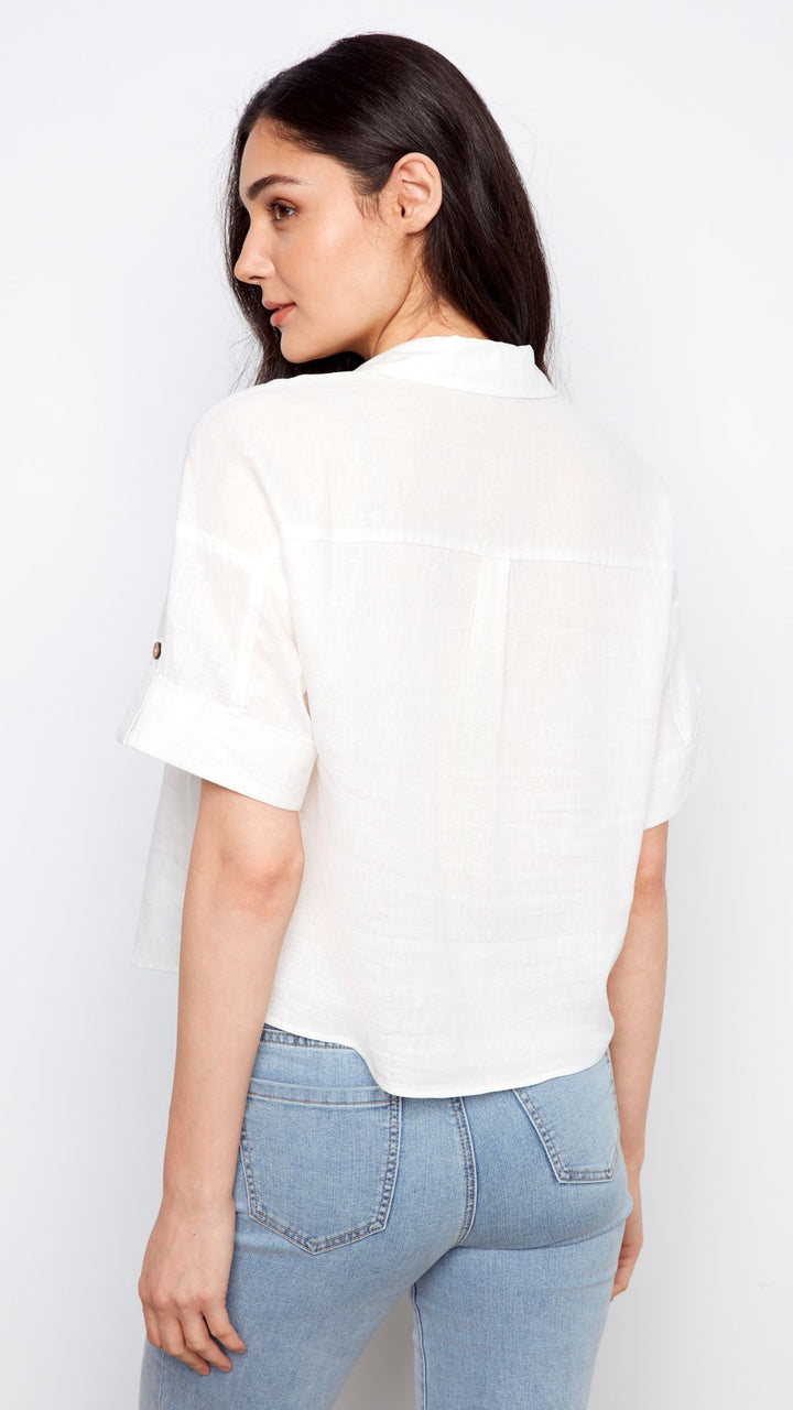 Short Sleeve Button Front Linen Blouse With Patch Pockets