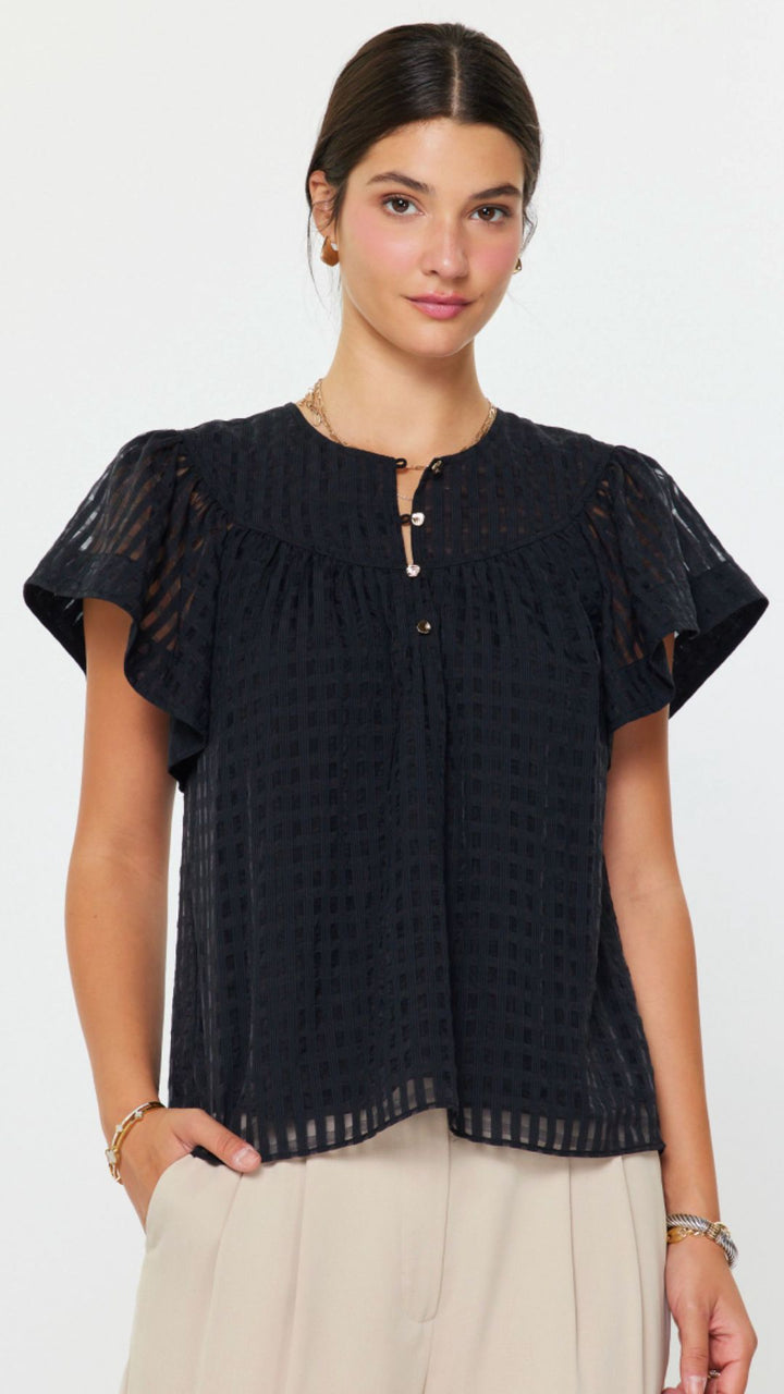 Black Flutter Short Sleeve Blouse