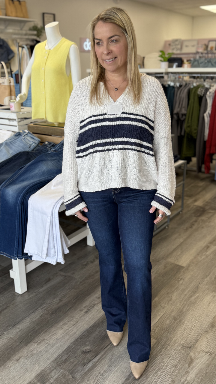 Ivory With Navy Stripe Bell Sleeve Oversized Sweater