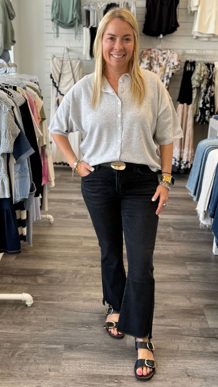 Mid Rise Black Super Soft Crop Step Hem Flare Jeans