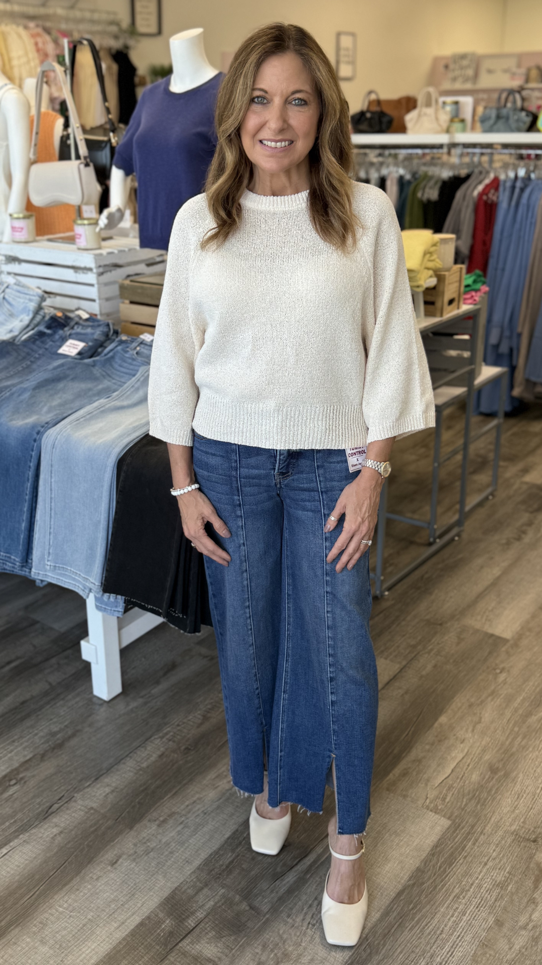 Cream Round Neck Quarter Sleeve Knitted Top