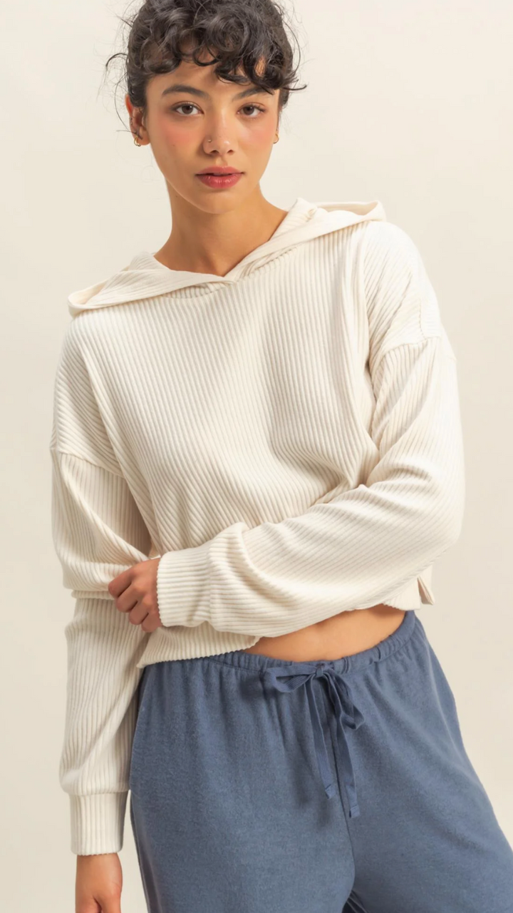 Whip Cream Drop Shoulder Casual Cropped Ribbed Hoodie