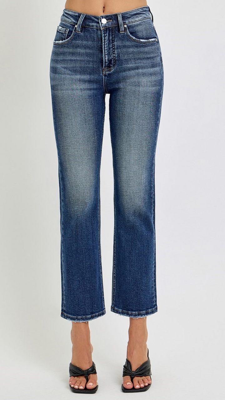 High Rise Dark Wash Tummy Control High Crop Straight Jeans