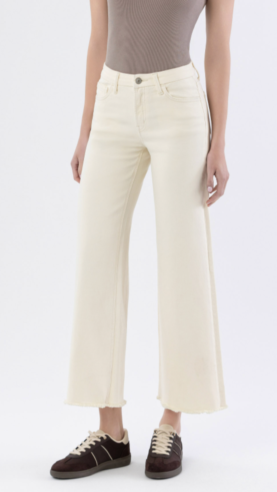 High Rise Ecru Raw Hem Wide Leg Jeans