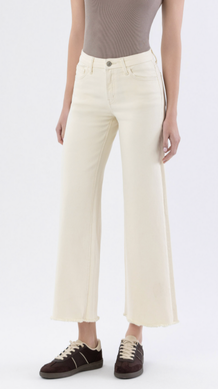 High Rise Ecru Raw Hem Wide Leg Jeans