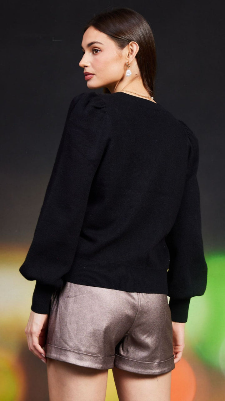 Black Ribbon Trim Puff Sleeve Cardigan