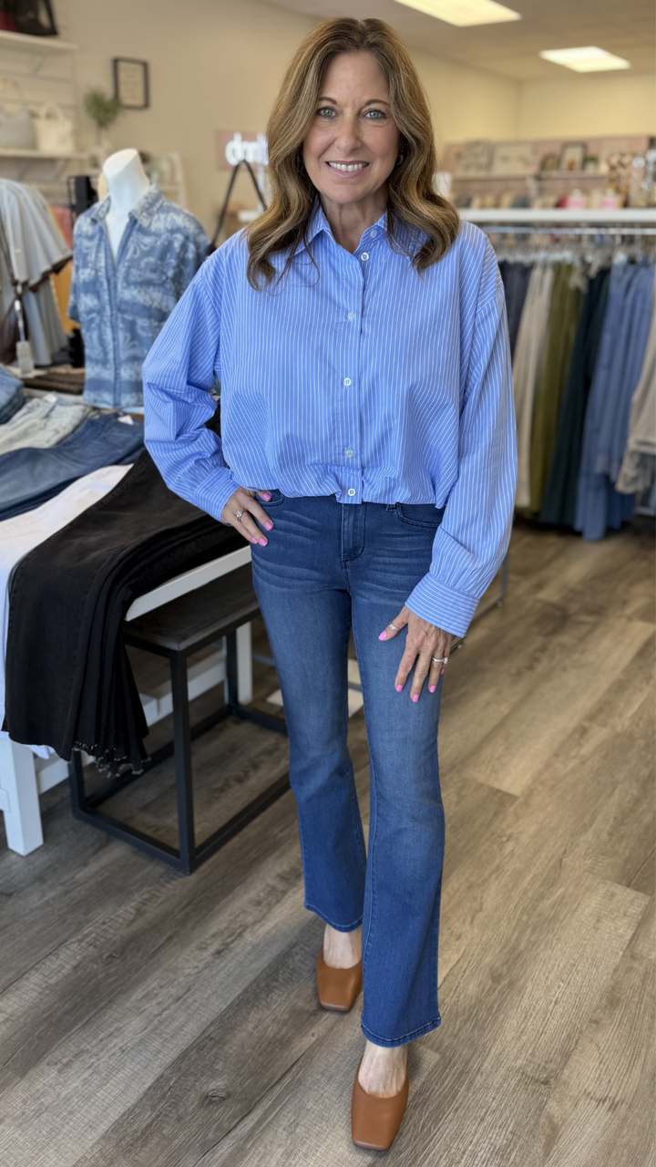 Striped Pattern Balloon Hem Buttondown Top