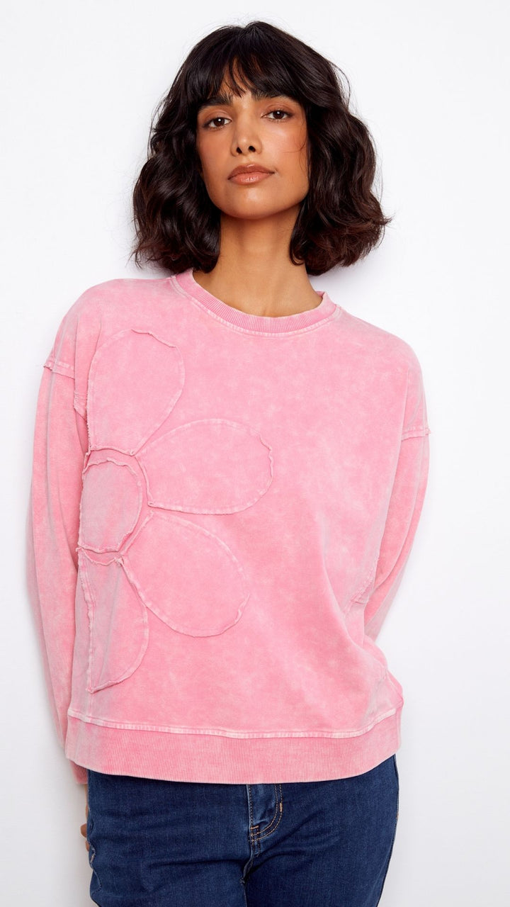 Candy Pink Flower Applique Long Sleeve