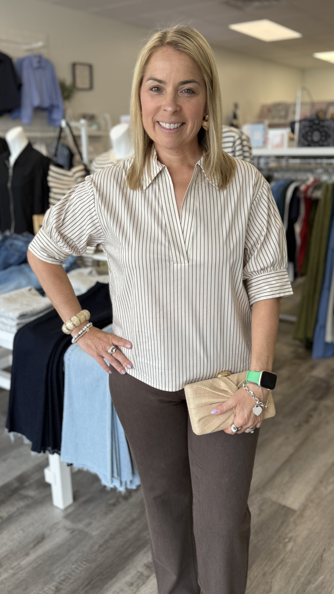 Taupe Stripe Split Neck Blouse