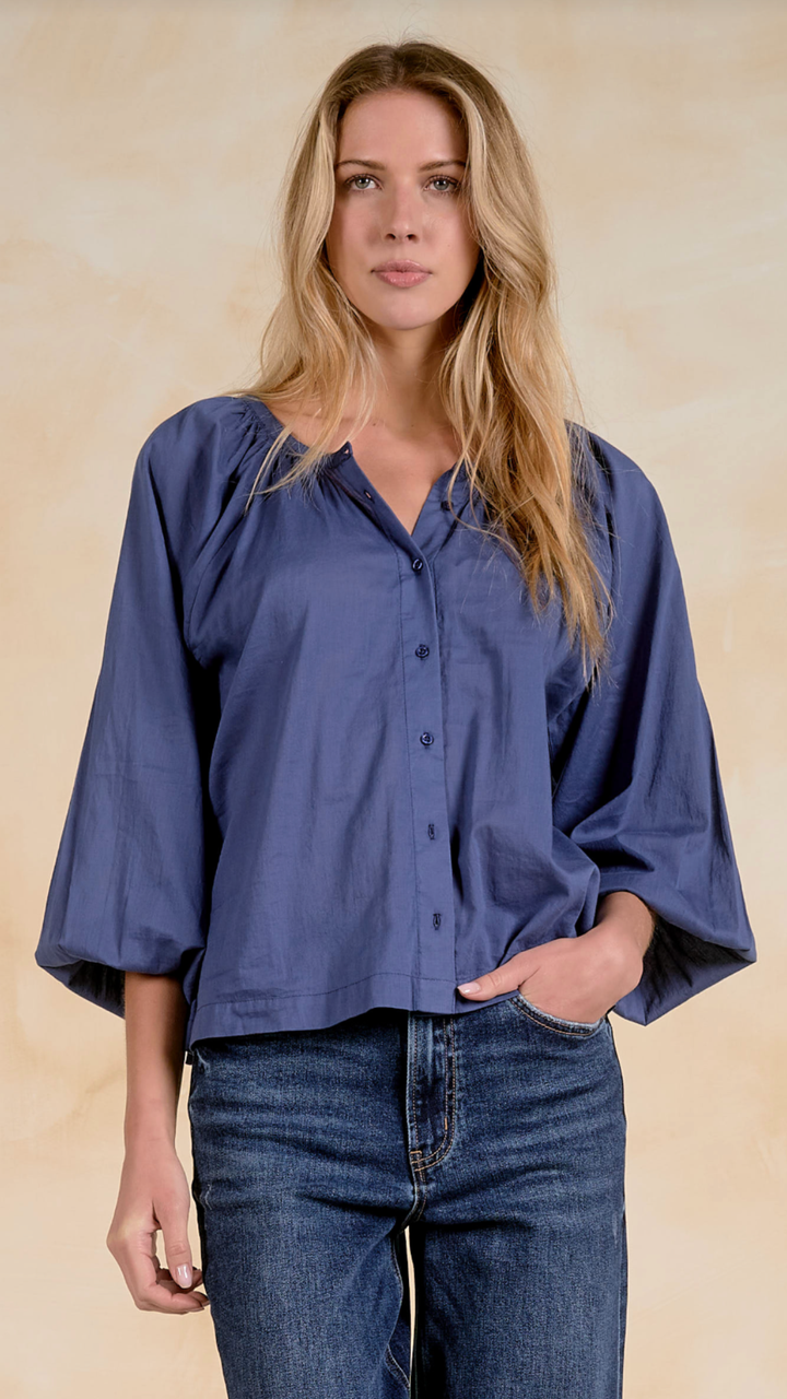 Navy Cotton Bubble Sleeve Blouse