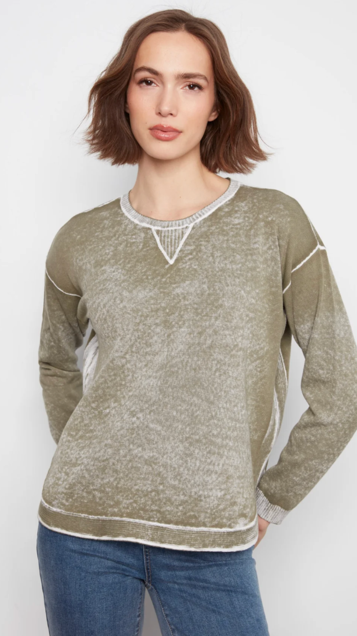 Olive Cotton Crew Neck Reverse Print Sweater