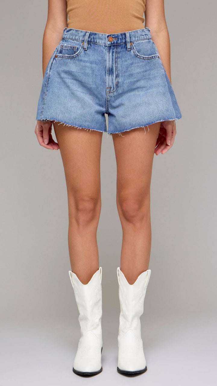 High Rise Medium Wash A Line Shorts