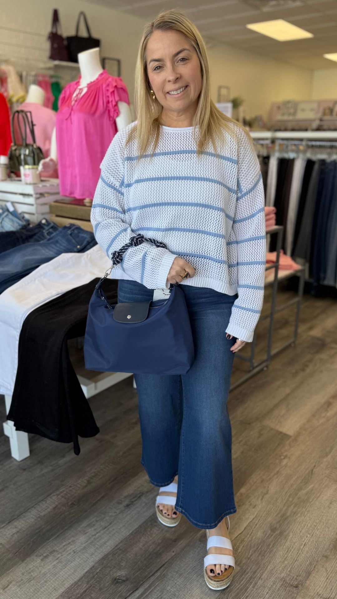 Blue And White Open Knit Stripe Sweater Top