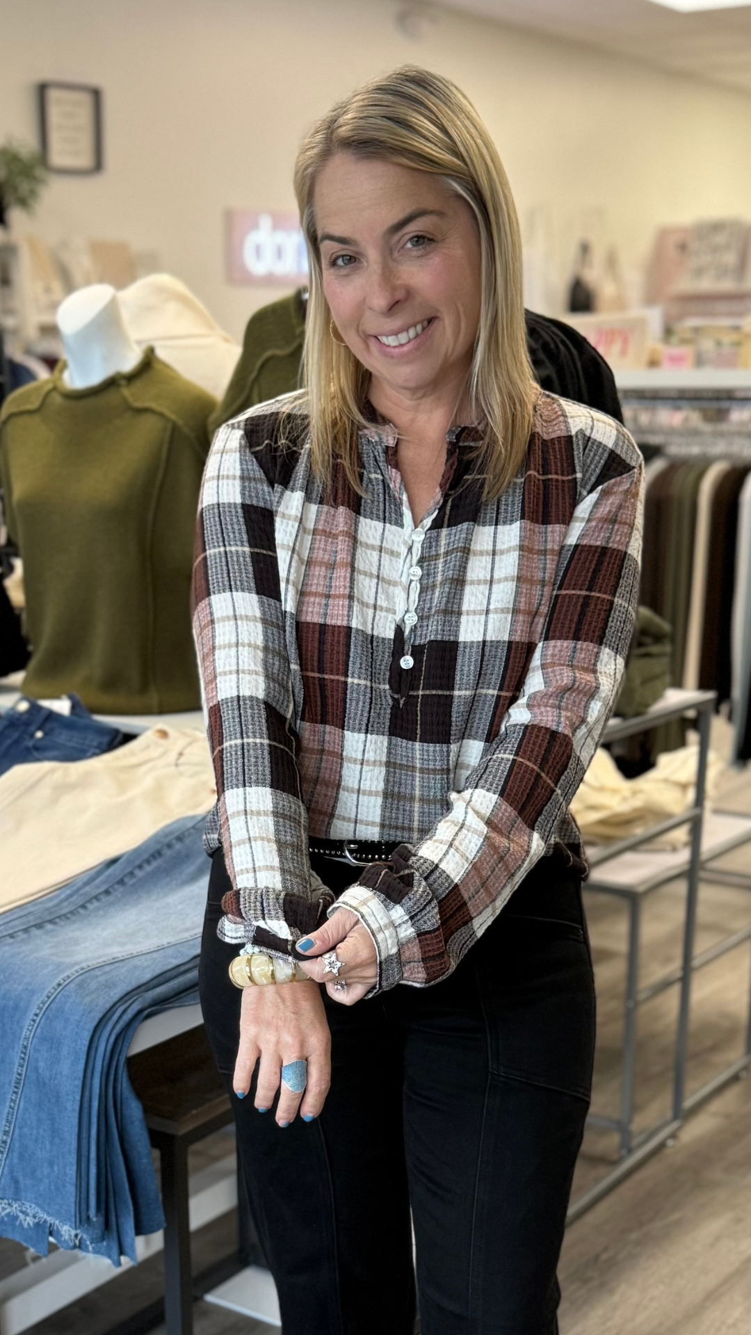 Plaid Peasant Long Sleeve Top