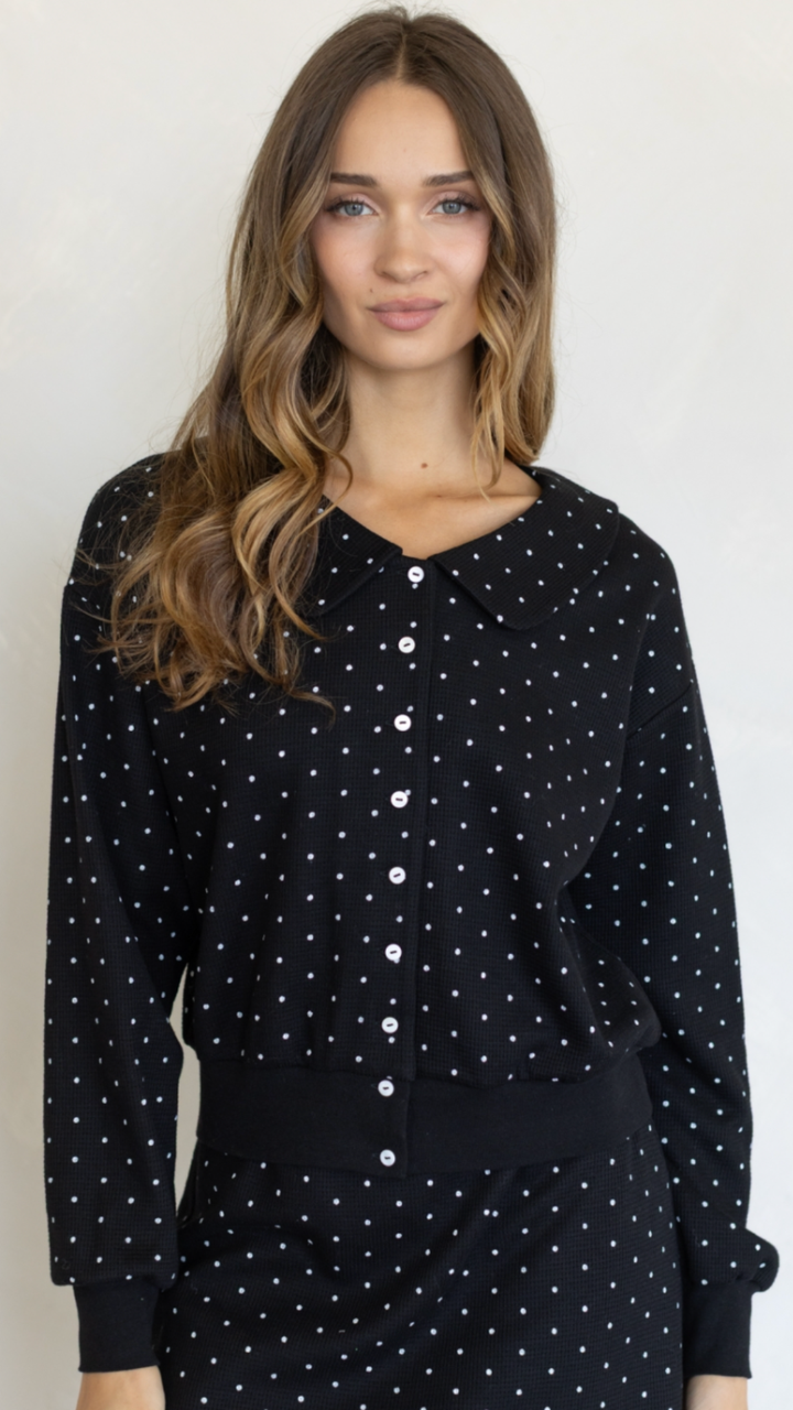 Black Waffle Knit Polka Dot Peter Pan Collar Cardigan