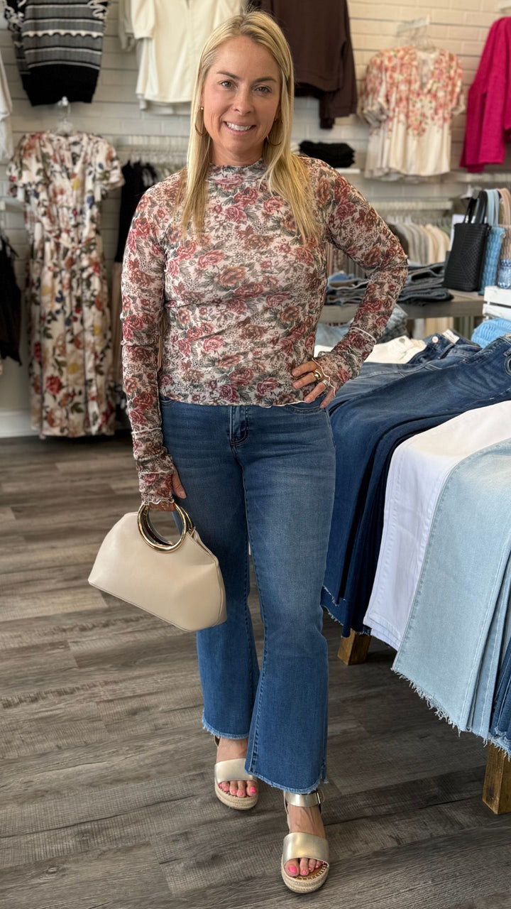 Cream Floral Print Mesh Mock Neck Top