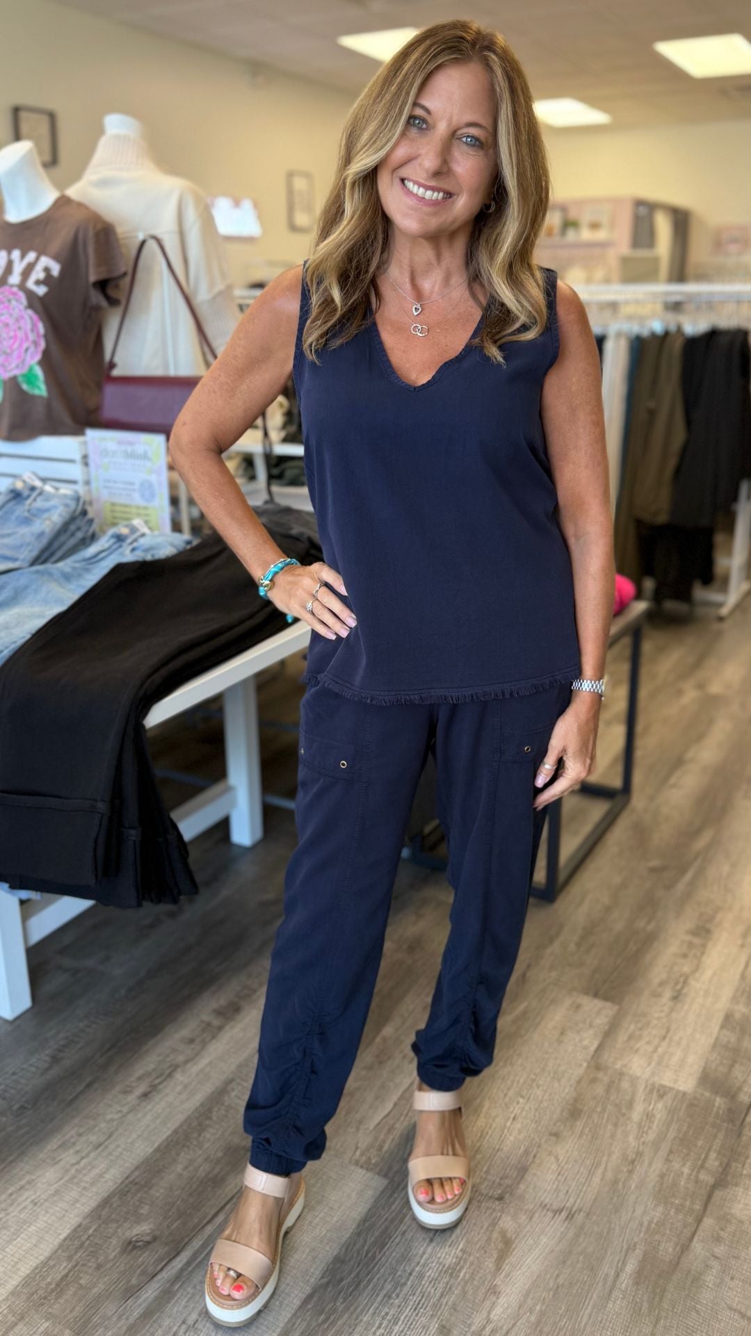 Navy Ileana Cinched Soft Twill V-Neck Tank