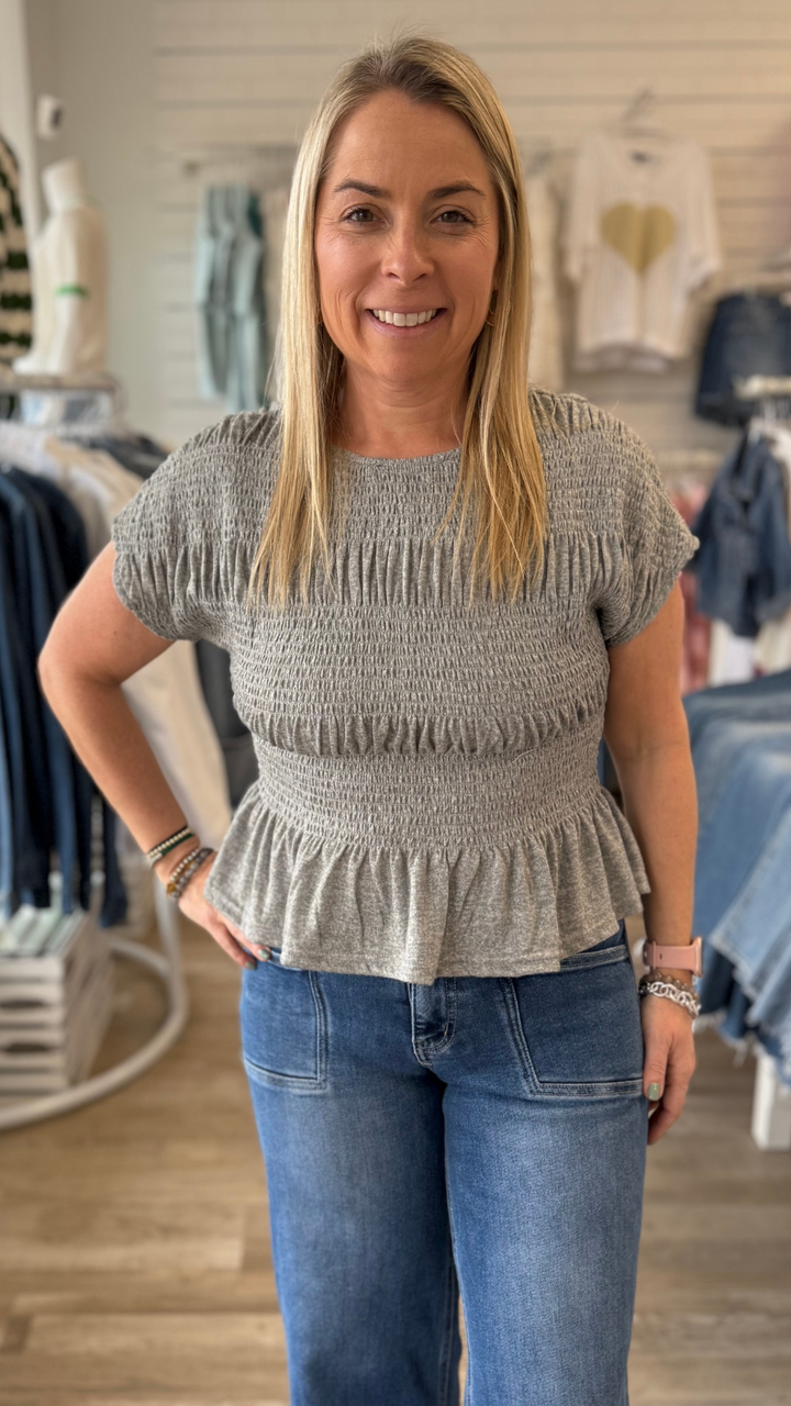 Rayon Short Sleeve Smocking Detail Top