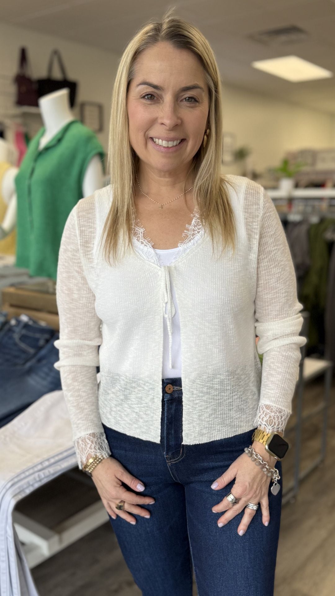 Off White Front Tie Lace Cardigan
