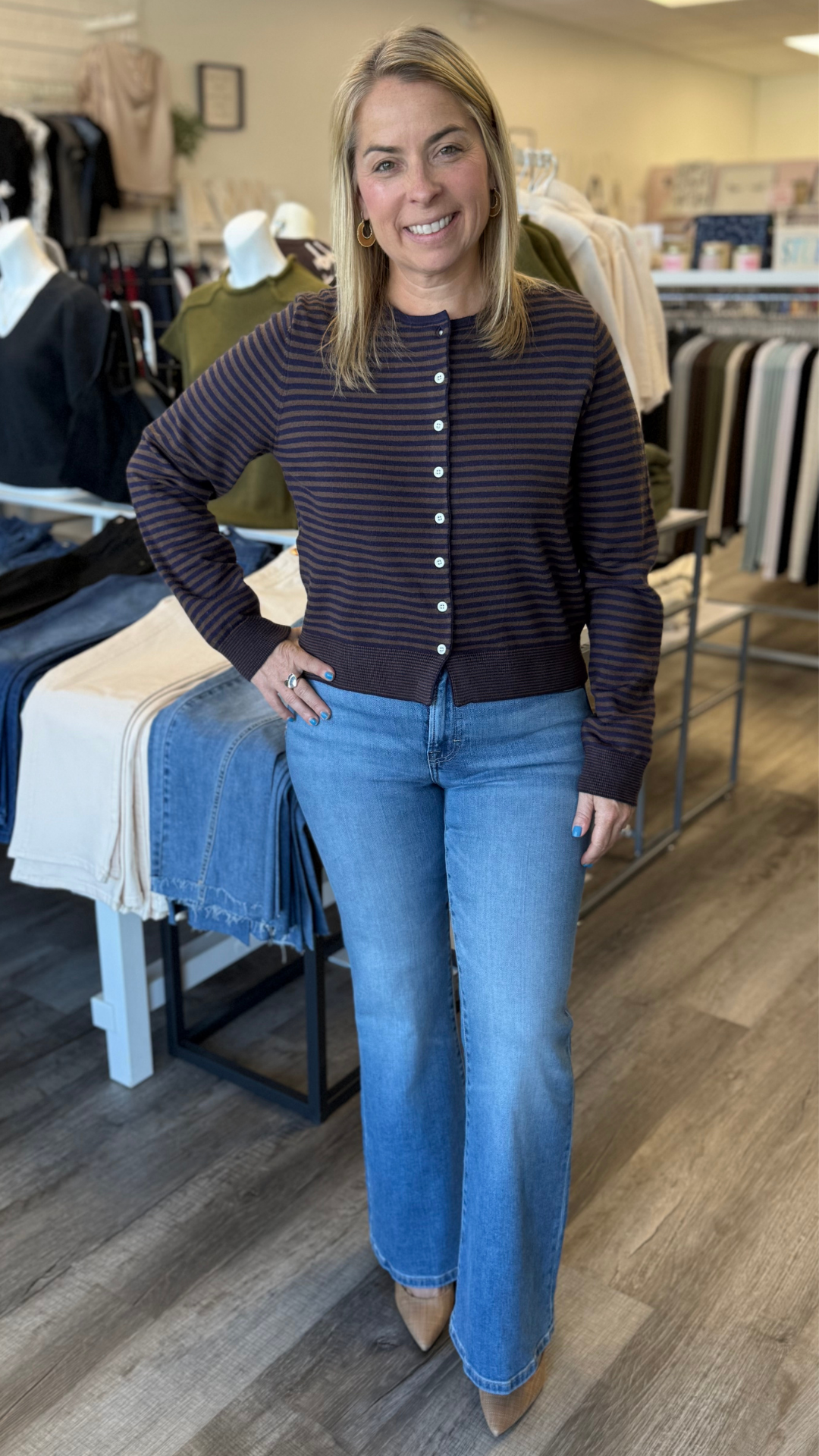 Brown And Navy Mini Striped Cardigan