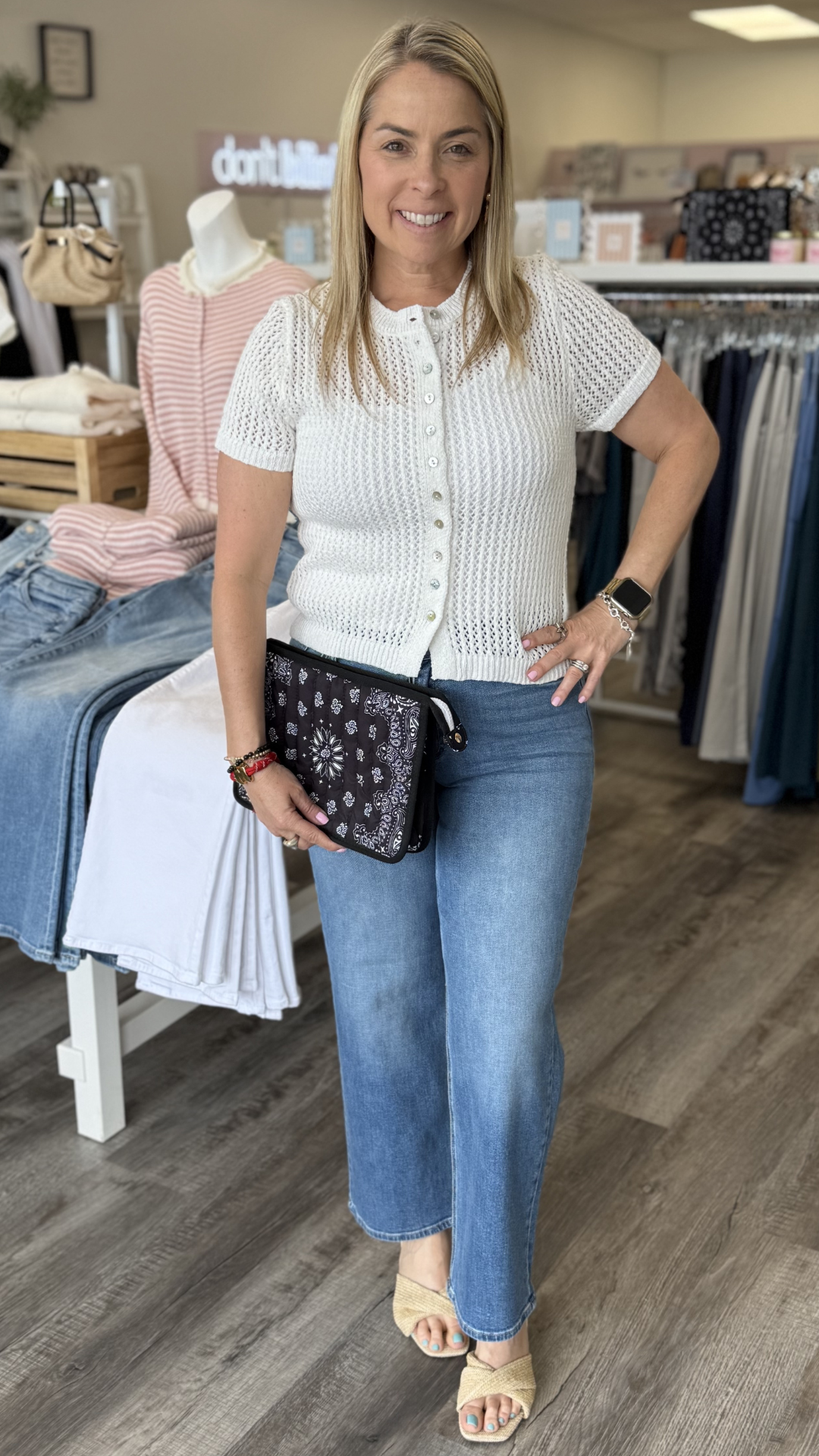 Button Front Short Sleeve Knit Top