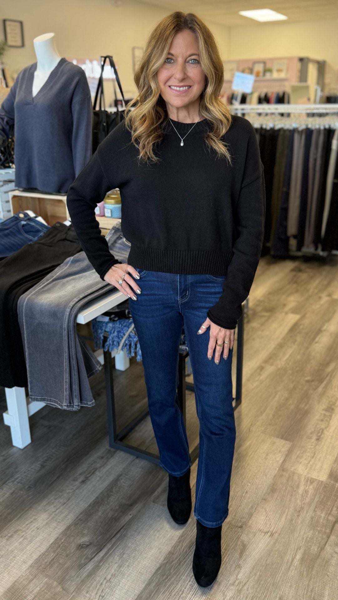 Black Cotton Round Neck Sweater