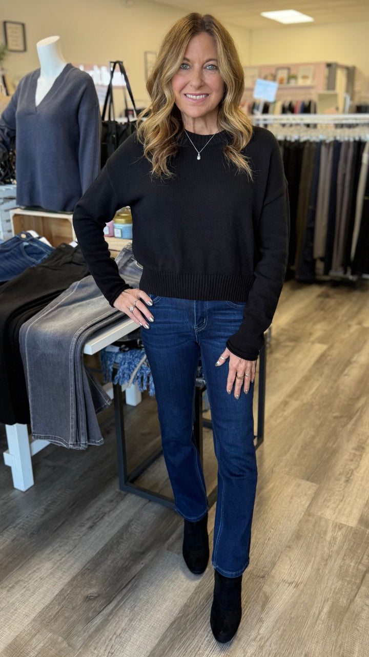 Black Cotton Round Neck Sweater