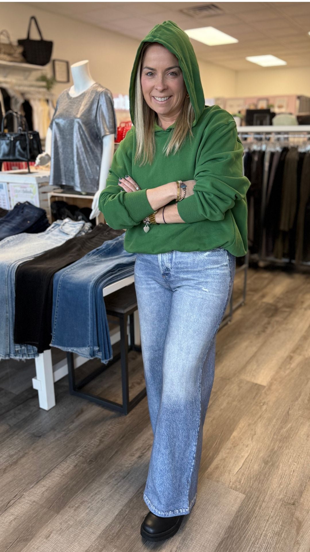 Green Bubble Hem Hoodie Sweatshirt