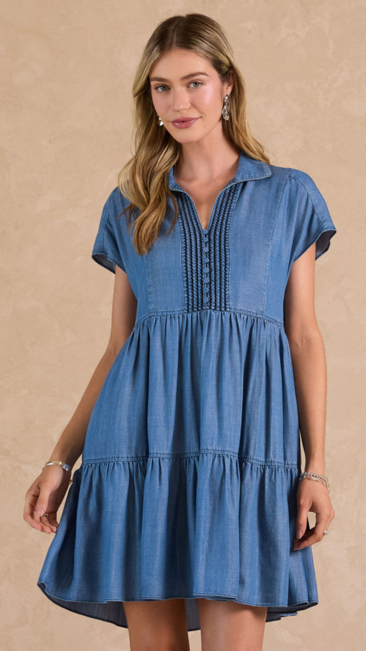 Chambray Flutter Sleeve Mini Dress