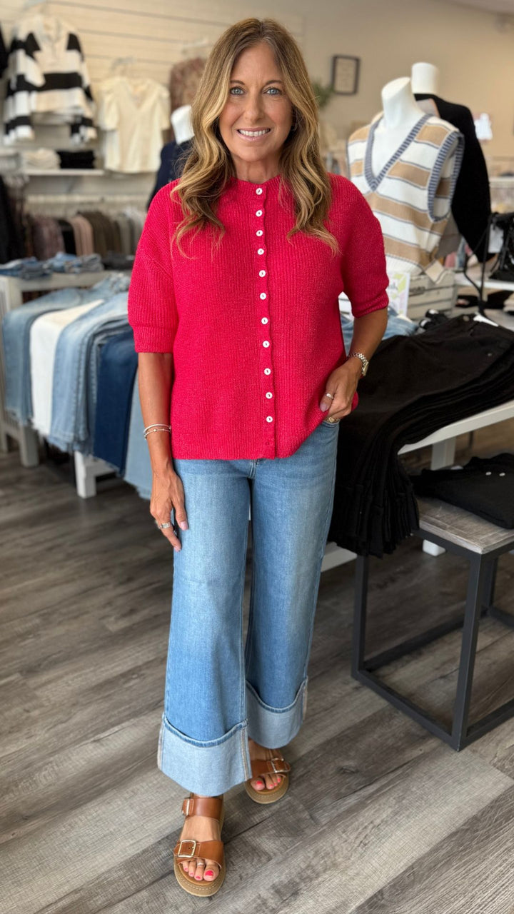 Mid Rise Medium Wash Petite Cuffed Slim Wide Jeans