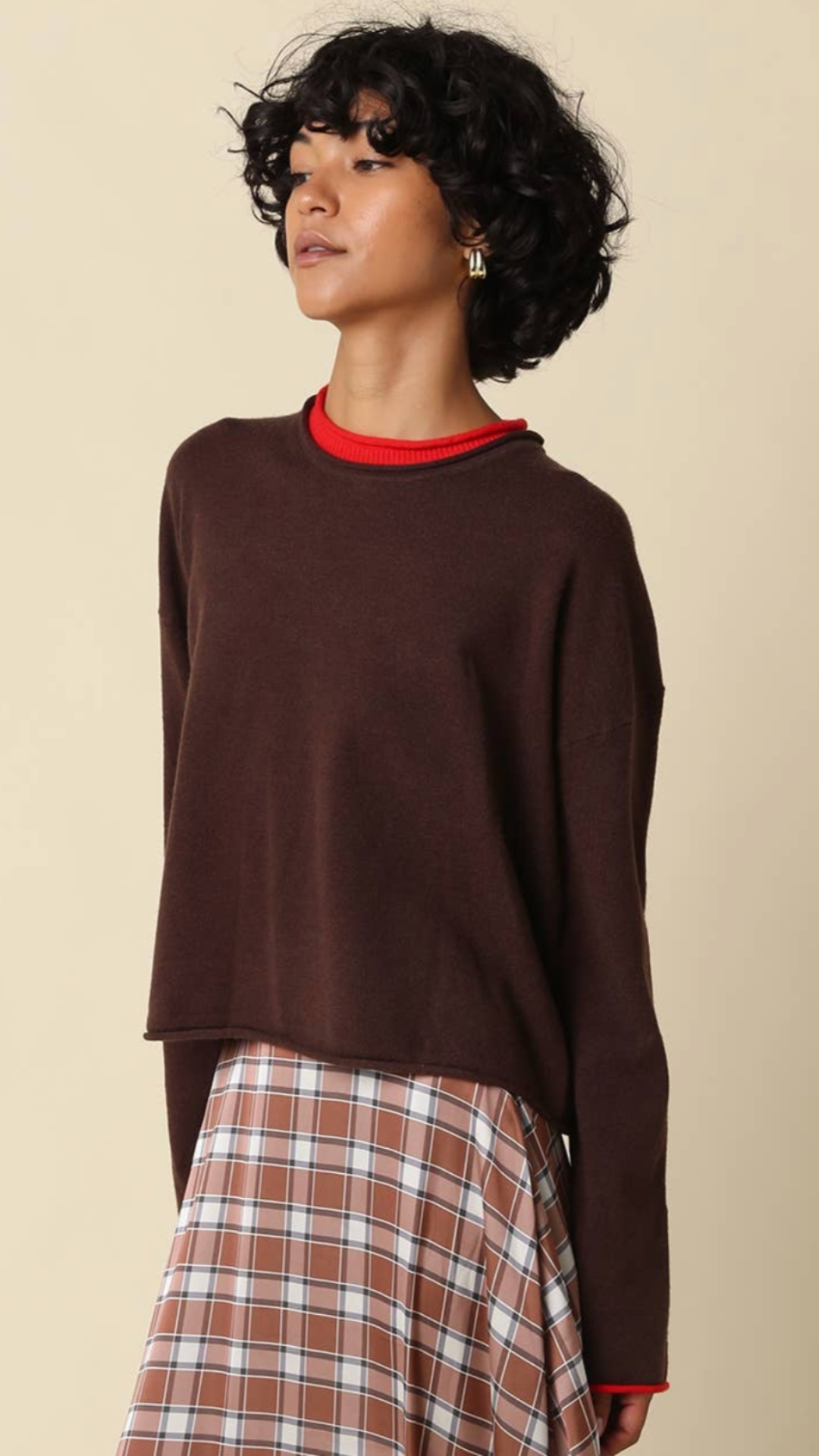 Coffee And Red Contrast Trim Knit Sweater